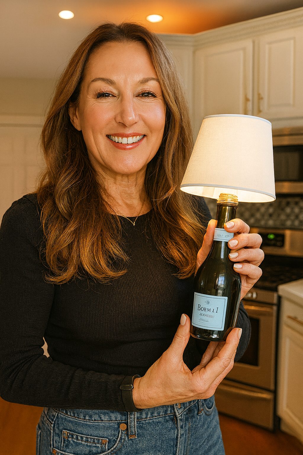 Woman holding a Lumaire bottle lamp